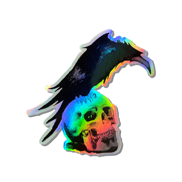 Holographic | Black Crow On Skull | Vinyl Sticker